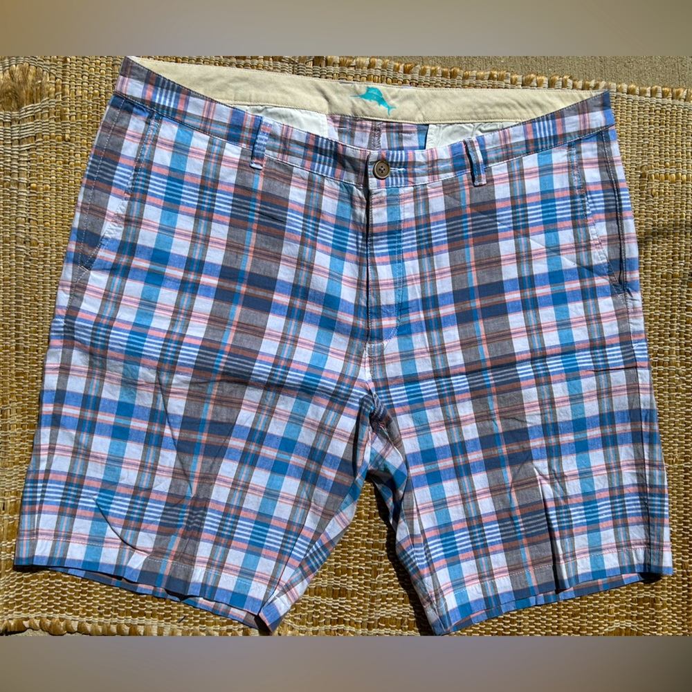 TOMMY BAHAMA s40 linen/cotton plaid shorts-look NEW-pastel colors-2% spandex